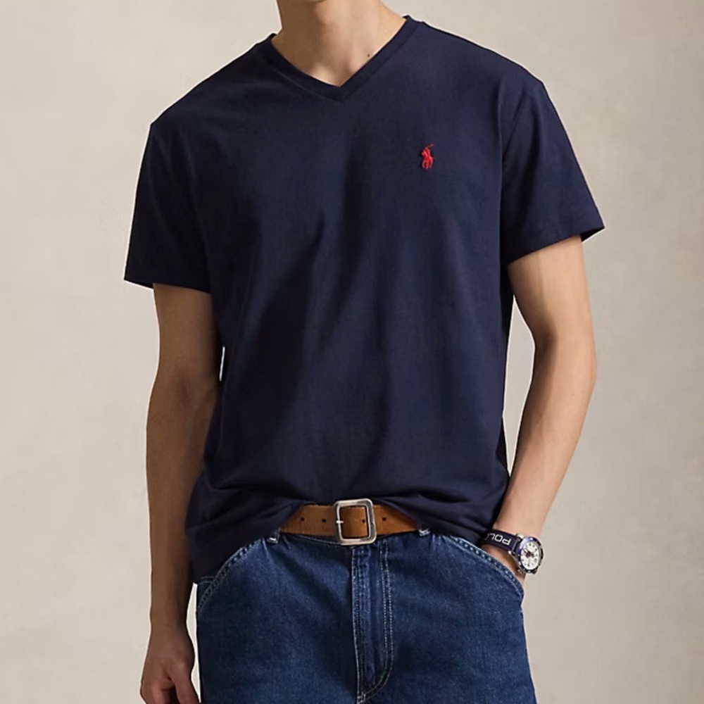 Polo Ralph Lauren Men’s V-Neck T-Shirt Classic Fit Navy W/ Red Logo Size Large